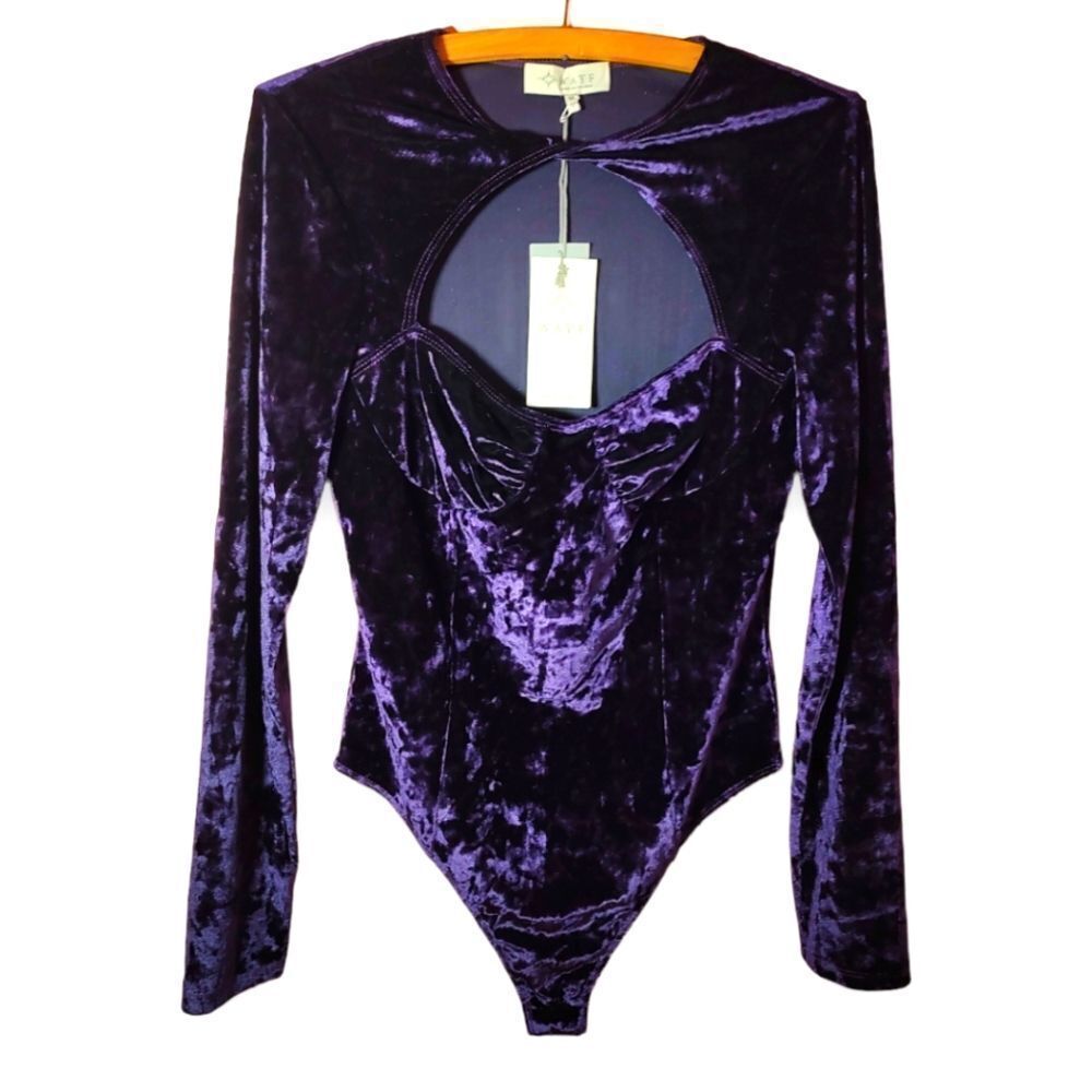 Wayf Crushed Velvet Purple Thong Cut Out Long Sleeve Bodysuit US M NWT
